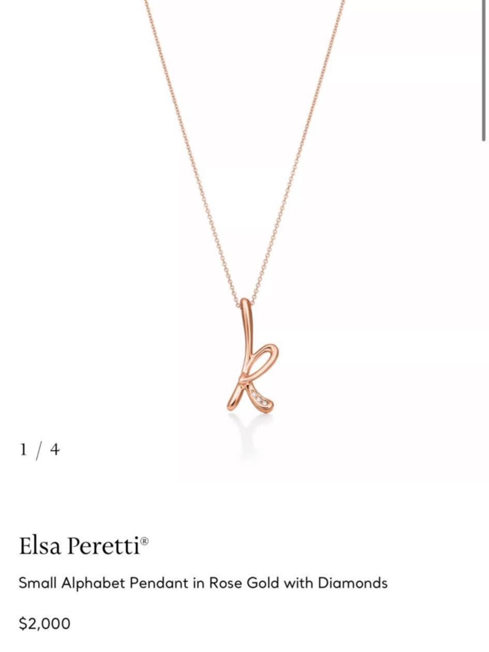 Tiffany Rose Gold 'K' Pendant Necklace with Diamonds. Elsa Peretti